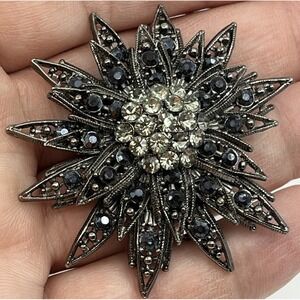 Vintage MCM Silver Tone Faux‎ Black Stone Atomic Starburst Brooch 2.5" Marcasite